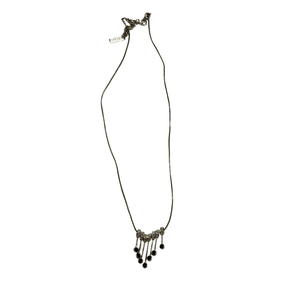 Napier Silver Tone Snake Chain Necklace Black Cabochon Tiered Fringe Pendant